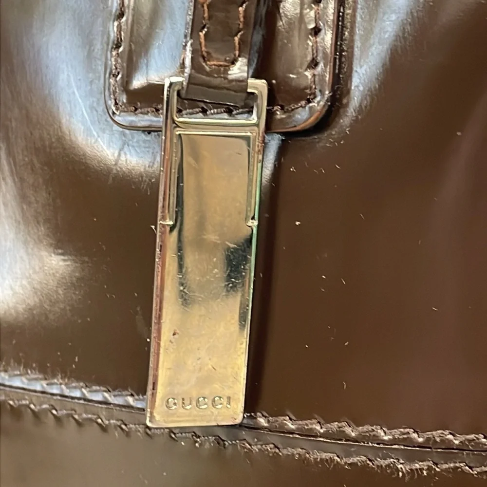 Vintage Gucci Dark Brown Patent Leather Structured Handbag 2 Way Glossy